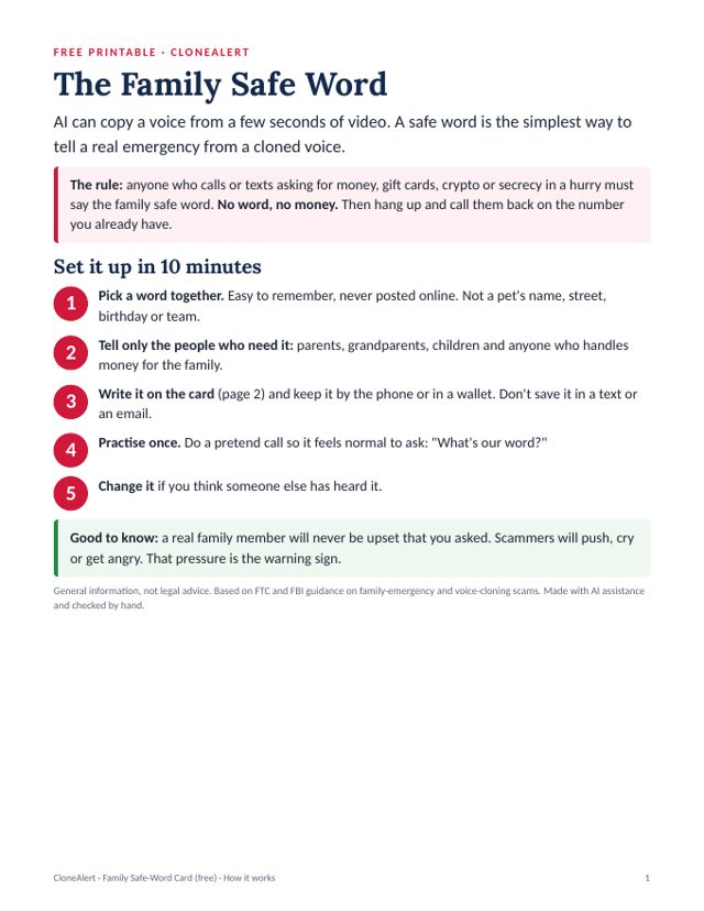 Free family safe-word card